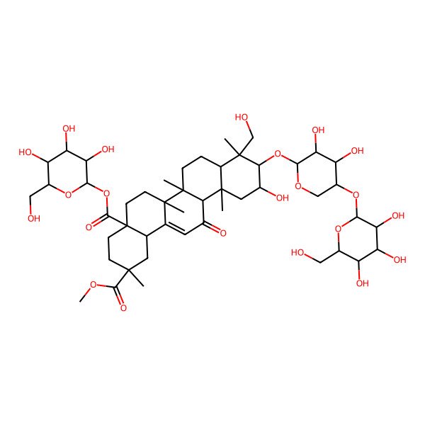 2D Structure of 2-O-methyl 4a-O-[(2S,3R,4S,5S,6R)-3,4,5-trihydroxy-6-(hydroxymethyl)oxan-2-yl] (2S,4aR,6aR,6aS,6bR,8aR,9R,10R,11S,12aS,14bS)-10-[(2S,3R,4R,5R)-3,4-dihydroxy-5-[(3R,4S,5S,6R)-3,4,5-trihydroxy-6-(hydroxymethyl)oxan-2-yl]oxyoxan-2-yl]oxy-11-hydroxy-9-(hydroxymethyl)-2,6a,6b,9,12a-pentamethyl-13-oxo-3,4,5,6,6a,7,8,8a,10,11,12,14b-dodecahydro-1H-picene-2,4a-dicarboxylate