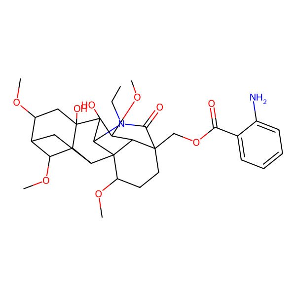 2D Structure of (11-Ethyl-8,9-dihydroxy-4,6,16,18-tetramethoxy-12-oxo-11-azahexacyclo[7.7.2.12,5.01,10.03,8.013,17]nonadecan-13-yl)methyl 2-aminobenzoate