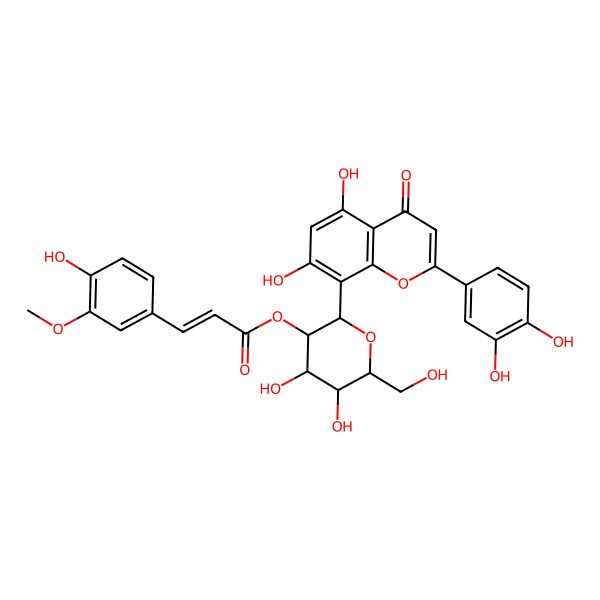 2D Structure of [2-[2-(3,4-Dihydroxyphenyl)-5,7-dihydroxy-4-oxochromen-8-yl]-4,5-dihydroxy-6-(hydroxymethyl)oxan-3-yl] 3-(4-hydroxy-3-methoxyphenyl)prop-2-enoate
