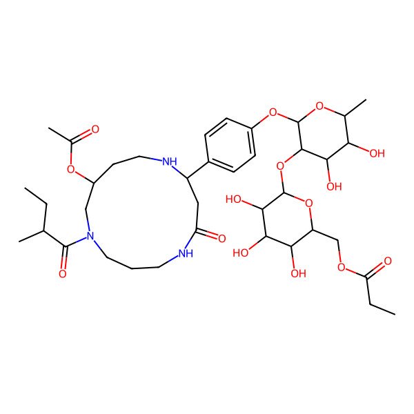 2D Structure of [(2R,3S,4S,5R,6S)-6-[(2S,3R,4R,5R,6S)-2-[4-[(2S,11R)-11-acetyloxy-9-[(2S)-2-methylbutanoyl]-4-oxo-1,5,9-triazacyclotridec-2-yl]phenoxy]-4,5-dihydroxy-6-methyloxan-3-yl]oxy-3,4,5-trihydroxyoxan-2-yl]methyl propanoate