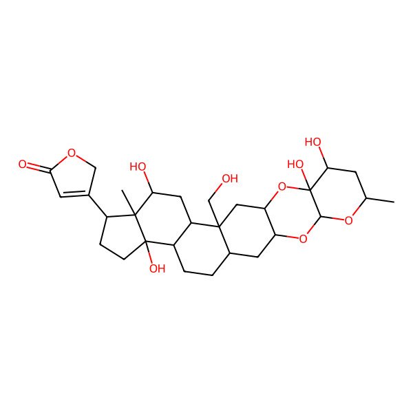 2D Structure of 3-[(1S,3R,5S,7R,9R,10S,12R,14R,17R,18S,19R,22S)-9,10,17,22-tetrahydroxy-14-(hydroxymethyl)-7,18-dimethyl-4,6,11-trioxahexacyclo[12.11.0.03,12.05,10.015,23.018,22]pentacosan-19-yl]-2H-furan-5-one