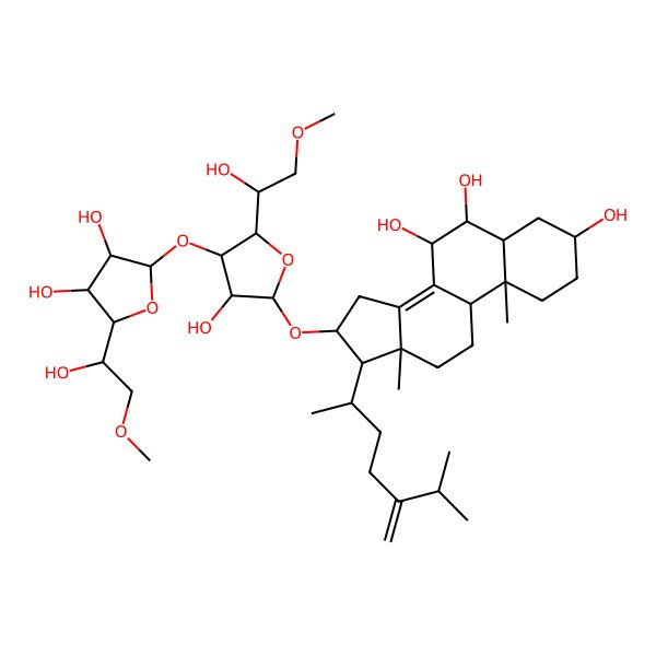 2D Structure of (3S,5S,6S,7R,9R,10R,13R,16R,17R)-16-[(2R,3R,4R,5S)-4-[(2S,3R,4R,5S)-3,4-dihydroxy-5-[(1R)-1-hydroxy-2-methoxyethyl]oxolan-2-yl]oxy-3-hydroxy-5-[(1R)-1-hydroxy-2-methoxyethyl]oxolan-2-yl]oxy-10,13-dimethyl-17-[(2R)-6-methyl-5-methylideneheptan-2-yl]-2,3,4,5,6,7,9,11,12,15,16,17-dodecahydro-1H-cyclopenta[a]phenanthrene-3,6,7-triol