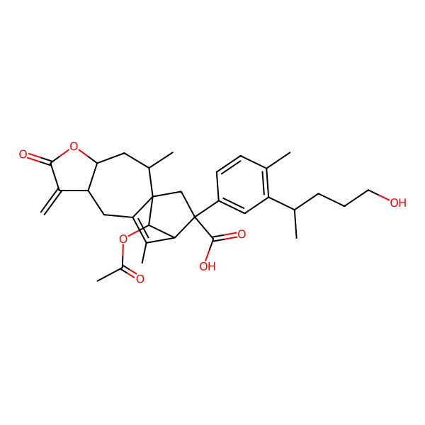 2D Structure of (1S,2S,4S,8R,12R,13S,15R)-15-acetyloxy-13-[3-[(2R)-5-hydroxypentan-2-yl]-4-methylphenyl]-2,11-dimethyl-7-methylidene-6-oxo-5-oxatetracyclo[10.2.1.01,10.04,8]pentadec-10-ene-13-carboxylic acid