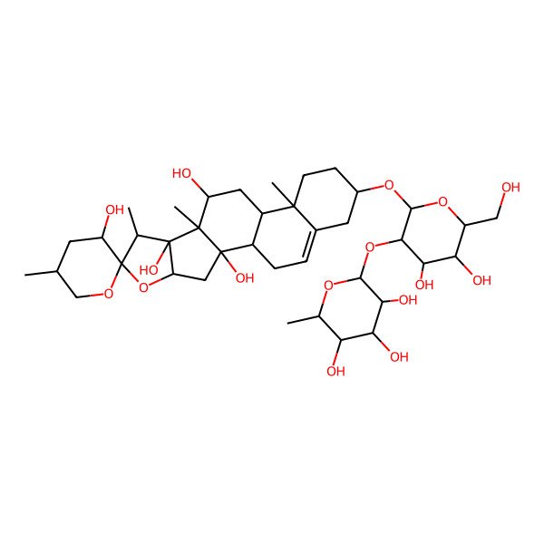2D Structure of 16-[4,5-Dihydroxy-6-(hydroxymethyl)-3-(3,4,5-trihydroxy-6-methyloxan-2-yl)oxyoxan-2-yl]oxy-5',7,9,13-tetramethylspiro[5-oxapentacyclo[10.8.0.02,9.04,8.013,18]icos-18-ene-6,2'-oxane]-2,3',8,10-tetrol