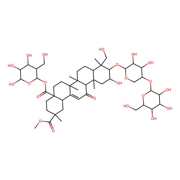2D Structure of 2-O-methyl 4a-O-[4,5,6-trihydroxy-3-(hydroxymethyl)oxan-2-yl] 10-[3,4-dihydroxy-5-[3,4,5-trihydroxy-6-(hydroxymethyl)oxan-2-yl]oxyoxan-2-yl]oxy-11-hydroxy-9-(hydroxymethyl)-2,6a,6b,9,12a-pentamethyl-13-oxo-3,4,5,6,6a,7,8,8a,10,11,12,14b-dodecahydro-1H-picene-2,4a-dicarboxylate