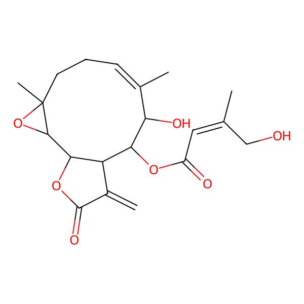 2D Structure of (9-Hydroxy-4,8-dimethyl-12-methylidene-13-oxo-3,14-dioxatricyclo[9.3.0.02,4]tetradec-7-en-10-yl) 4-hydroxy-3-methylbut-2-enoate