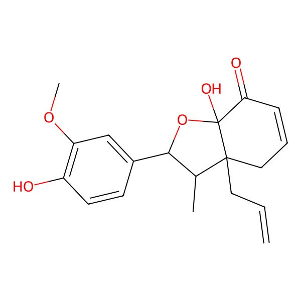 2D Structure of (2S,3S,3aR,7aS)-7a-hydroxy-2-(4-hydroxy-3-methoxyphenyl)-3-methyl-3a-prop-2-enyl-3,4-dihydro-2H-1-benzofuran-7-one