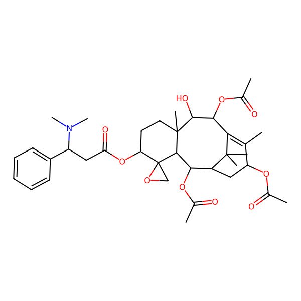 2D Structure of (2',10',13'-Triacetyloxy-9'-hydroxy-8',12',15',15'-tetramethylspiro[oxirane-2,4'-tricyclo[9.3.1.03,8]pentadec-11-ene]-5'-yl) 3-(dimethylamino)-3-phenylpropanoate