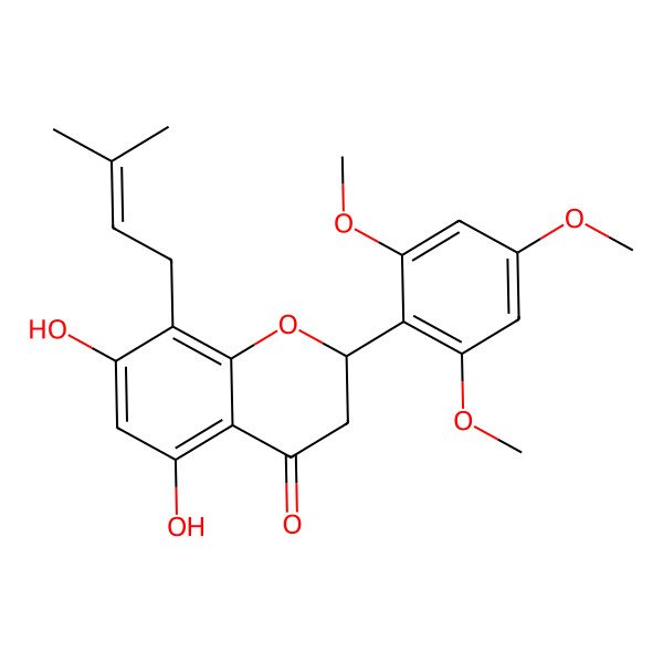 2D Structure of (2S)-2,3-Dihydro-5,7-dihydroxy-8-(3-methyl-2-buten-1-yl)-2-(2,4,6-trimethoxyphenyl)-4H-1-benzopyran-4-one