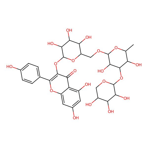2D Structure of 3-[(2S,3R,4S,5R,6S)-6-[[(2R,3S,4S,5S,6R)-3,5-dihydroxy-6-methyl-4-[(2R,3R,4R,5S)-3,4,5-trihydroxyoxan-2-yl]oxyoxan-2-yl]oxymethyl]-3,4,5-trihydroxyoxan-2-yl]oxy-5,7-dihydroxy-2-(4-hydroxyphenyl)chromen-4-one