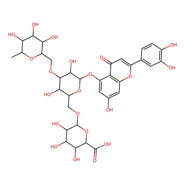 2D Structure of (2S,3S,4S,5R,6R)-6-[[(2R,3R,4S,5R,6S)-6-[2-(3,4-dihydroxyphenyl)-7-hydroxy-4-oxochromen-5-yl]oxy-3,5-dihydroxy-4-[[(2S,3R,4R,5R,6S)-3,4,5-trihydroxy-6-methyloxan-2-yl]methoxy]oxan-2-yl]methoxy]-3,4,5-trihydroxyoxane-2-carboxylic acid
