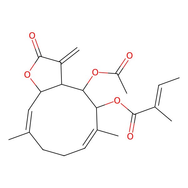 2D Structure of [(3aS,4R,5R,6E,10E,11aR)-4-acetyloxy-6,10-dimethyl-3-methylidene-2-oxo-3a,4,5,8,9,11a-hexahydrocyclodeca[b]furan-5-yl] (Z)-2-methylbut-2-enoate