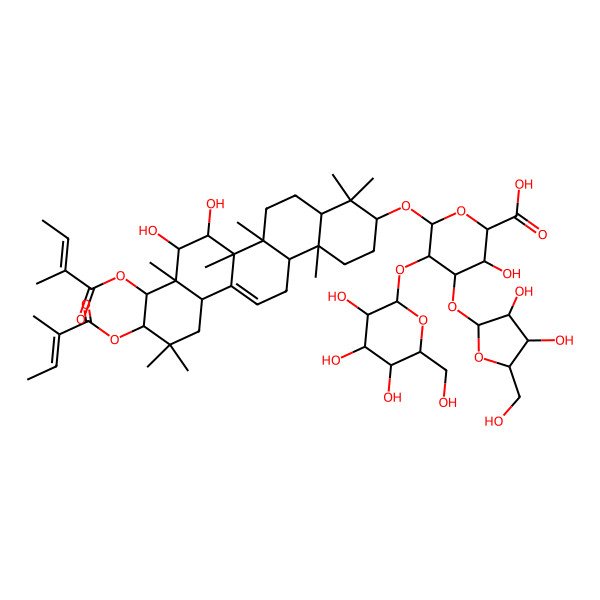 2D Structure of (2S,3S,4S,5R,6R)-6-[[(3S,4aR,6aR,6bS,7R,8S,8aS,9R,10R,12aS,14aR,14bR)-7,8-dihydroxy-4,4,6a,6b,8a,11,11,14b-octamethyl-9,10-bis[[(Z)-2-methylbut-2-enoyl]oxy]-1,2,3,4a,5,6,7,8,9,10,12,12a,14,14a-tetradecahydropicen-3-yl]oxy]-4-[(2S,3R,4R,5S)-3,4-dihydroxy-5-(hydroxymethyl)oxolan-2-yl]oxy-3-hydroxy-5-[(2S,3R,4S,5S,6R)-3,4,5-trihydroxy-6-(hydroxymethyl)oxan-2-yl]oxyoxane-2-carboxylic acid