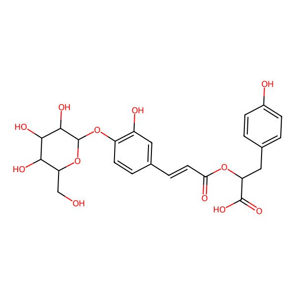 2D Structure of (2S)-3-(4-hydroxyphenyl)-2-[(E)-3-[3-hydroxy-4-[(2S,3R,4S,5S,6R)-3,4,5-trihydroxy-6-(hydroxymethyl)oxan-2-yl]oxyphenyl]prop-2-enoyl]oxypropanoic acid