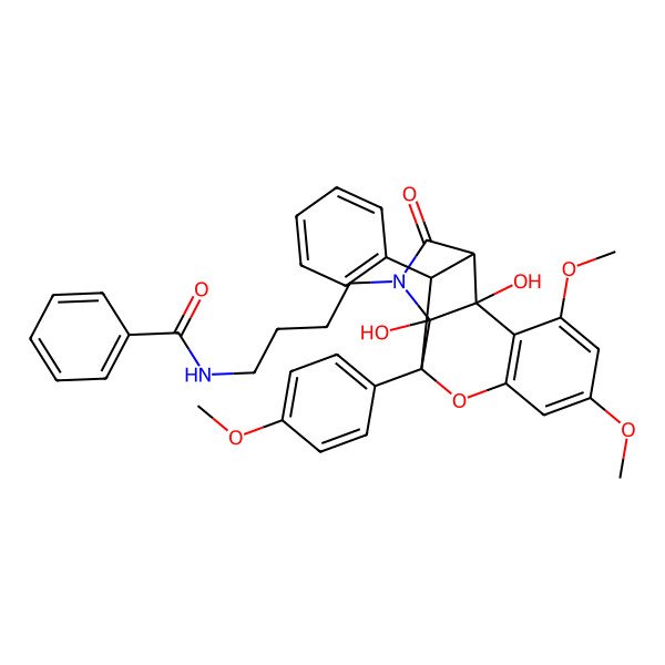2D Structure of N-[4-[2,3-dihydroxy-12,14-dimethoxy-8-(4-methoxyphenyl)-5-oxo-7-phenyl-9-oxa-4-azatetracyclo[8.4.0.02,6.03,8]tetradeca-1(10),11,13-trien-4-yl]butyl]benzamide