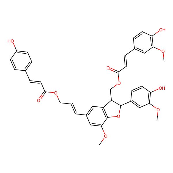 2D Structure of 3-[2-(4-Hydroxy-3-methoxyphenyl)-3-[3-(4-hydroxy-3-methoxyphenyl)prop-2-enoyloxymethyl]-7-methoxy-2,3-dihydro-1-benzofuran-5-yl]prop-2-enyl 3-(4-hydroxyphenyl)prop-2-enoate