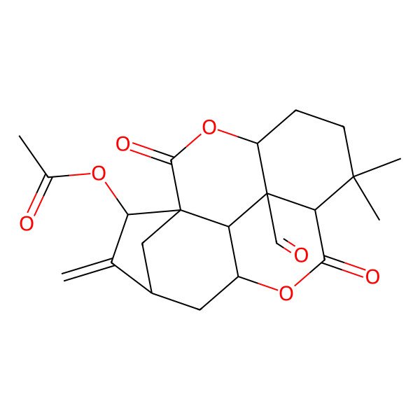 2D Structure of (17-Formyl-10,10-dimethyl-3-methylidene-8,15-dioxo-7,14-dioxapentacyclo[7.6.2.11,4.06,16.013,17]octadecan-2-yl) acetate