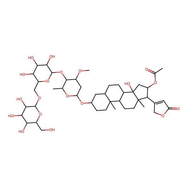 2D Structure of [(3S,5R,8R,9S,10S,13R,14S,16S,17R)-14-hydroxy-3-[(2R,4R,5S,6R)-4-methoxy-6-methyl-5-[(2S,3R,4S,5S,6R)-3,4,5-trihydroxy-6-[[(2R,3R,4S,5S,6R)-3,4,5-trihydroxy-6-(hydroxymethyl)oxan-2-yl]oxymethyl]oxan-2-yl]oxyoxan-2-yl]oxy-10,13-dimethyl-17-(5-oxo-2H-furan-3-yl)-1,2,3,4,5,6,7,8,9,11,12,15,16,17-tetradecahydrocyclopenta[a]phenanthren-16-yl] acetate