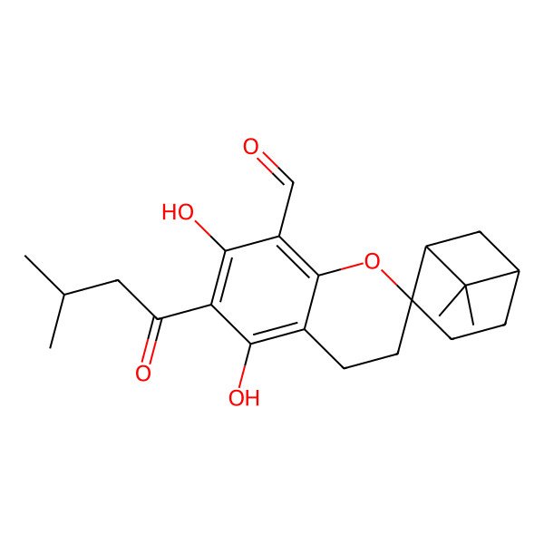 2D Structure of (1'R,2S,5'S)-5,7-dihydroxy-6',6'-dimethyl-6-(3-methylbutanoyl)spiro[3,4-dihydrochromene-2,2'-bicyclo[3.1.1]heptane]-8-carbaldehyde