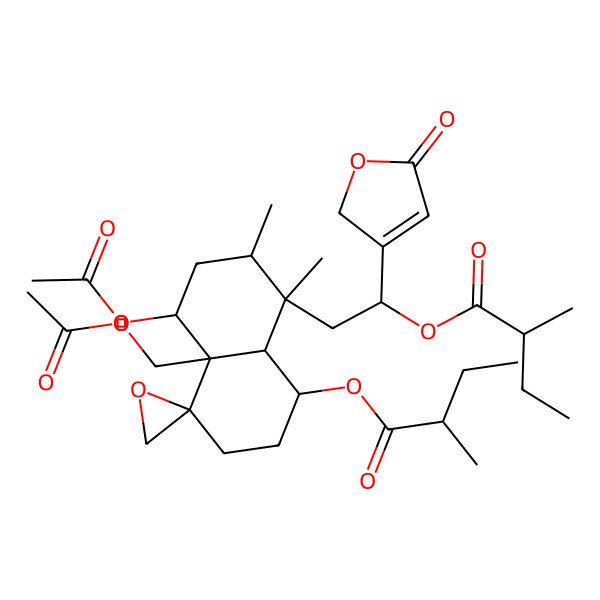 2D Structure of [(1R,4R,4aR,5S,7R,8S,8aR)-5-acetyloxy-4a-(acetyloxymethyl)-7,8-dimethyl-8-[(2S)-2-[(2R)-2-methylbutanoyl]oxy-2-(5-oxo-2H-furan-3-yl)ethyl]spiro[2,3,5,6,7,8a-hexahydro-1H-naphthalene-4,2'-oxirane]-1-yl] (2R)-2-methylbutanoate