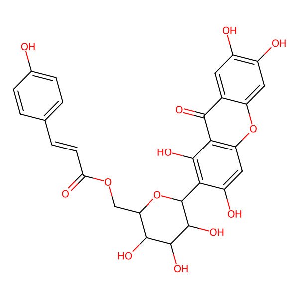 2D Structure of [(2R,3S,4R,5R,6S)-3,4,5-trihydroxy-6-(1,3,6,7-tetrahydroxy-9-oxoxanthen-2-yl)oxan-2-yl]methyl (E)-3-(4-hydroxyphenyl)prop-2-enoate