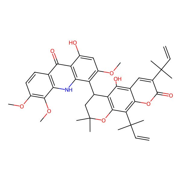 2D Structure of 1-hydroxy-4-[(4S)-5-hydroxy-2,2-dimethyl-7,10-bis(2-methylbut-3-en-2-yl)-8-oxo-3,4-dihydropyrano[3,2-g]chromen-4-yl]-3,5,6-trimethoxy-10H-acridin-9-one