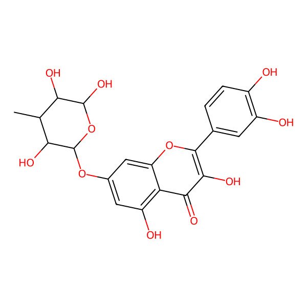 2D Structure of 2-(3,4-dihydroxyphenyl)-3,5-dihydroxy-7-[(2R,3R,4R,5R,6R)-3,5,6-trihydroxy-4-methyloxan-2-yl]oxychromen-4-one