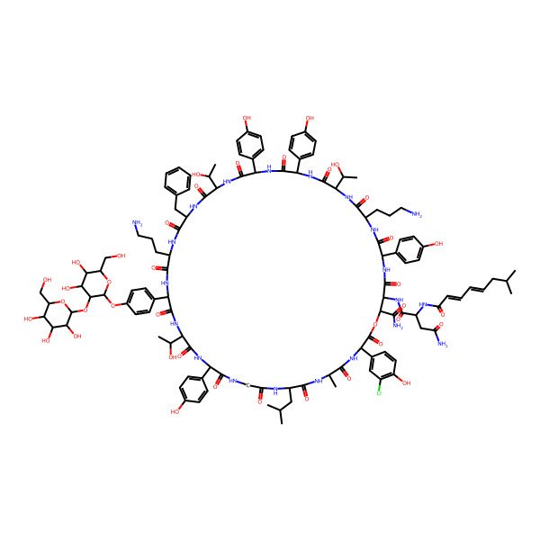 2D Structure of (2R)-N-[(9S,15S,18R,21S,27S,30S,39R,48R,49S)-24,42-bis(3-aminopropyl)-27-benzyl-49-carbamoyl-3-(3-chloro-4-hydroxyphenyl)-21-[4-[(3S,4S,5S,6R)-4,5-dihydroxy-6-(hydroxymethyl)-3-[(2R,3S,4S,5S,6R)-3,4,5-trihydroxy-6-(hydroxymethyl)oxan-2-yl]oxyoxan-2-yl]oxyphenyl]-18,30,39-tris(1-hydroxyethyl)-15,33,36,45-tetrakis(4-hydroxyphenyl)-6-methyl-9-(2-methylpropyl)-2,5,8,11,14,17,20,23,26,29,32,35,38,41,44,47-hexadecaoxo-1-oxa-4,7,10,13,16,19,22,25,28,31,34,37,40,43,46-pentadecazacyclononatetracont-48-yl]-2-[[(2Z,4Z)-7-methylocta-2,4-dienoyl]amino]butanediamide