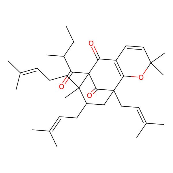 2D Structure of 4,4,10-Trimethyl-9-(2-methylbutanoyl)-1,11-bis(3-methylbut-2-enyl)-10-(4-methylpent-3-enyl)-3-oxatricyclo[7.3.1.02,7]trideca-2(7),5-diene-8,13-dione
