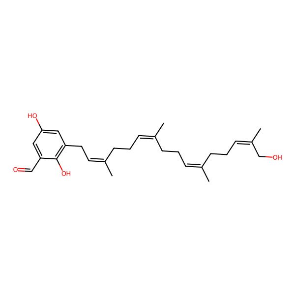 2D Structure of 2,5-dihydroxy-3-[(2E,6E,10E,14E)-16-hydroxy-3,7,11,15-tetramethylhexadeca-2,6,10,14-tetraenyl]benzaldehyde