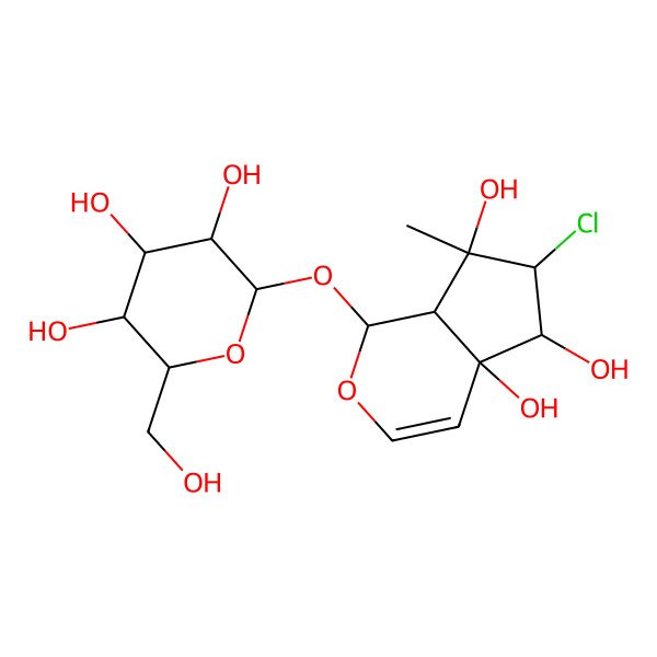 2D Structure of (1S,4aS,5S,6R,7R,7aS)-6-chloro-7-methyl-1-[(2S,3R,4S,5S,6R)-3,4,5-trihydroxy-6-(hydroxymethyl)oxan-2-yl]oxy-1,5,6,7a-tetrahydrocyclopenta[c]pyran-4a,5,7-triol