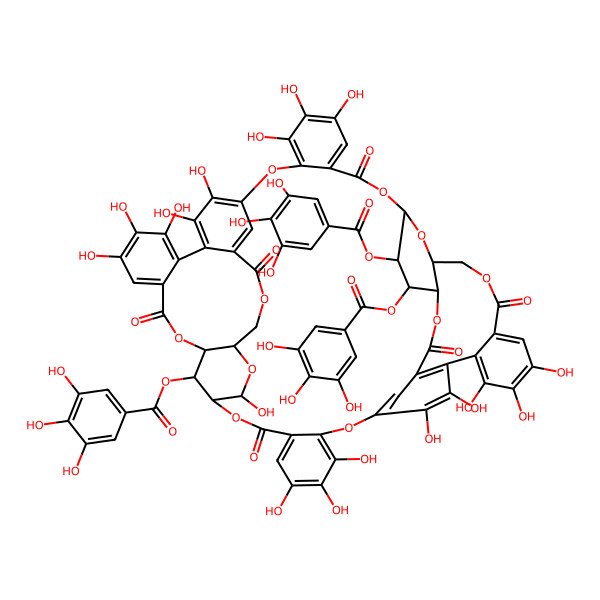 2D Structure of [4,5,6,21,22,23,26,27,31,32,33,39,47,48,49,52,53-Heptadecahydroxy-9,18,36,44,56,62-hexaoxo-12,13-bis[(3,4,5-trihydroxybenzoyl)oxy]-2,10,17,29,37,40,43,57,63,64-decaoxaundecacyclo[39.12.5.414,28.111,15.138,42.03,8.019,24.030,35.045,50.051,55.025,61]tetrahexaconta-1(53),3,5,7,19,21,23,25,27,30,32,34,45,47,49,51,54,60-octadecaen-59-yl] 3,4,5-trihydroxybenzoate