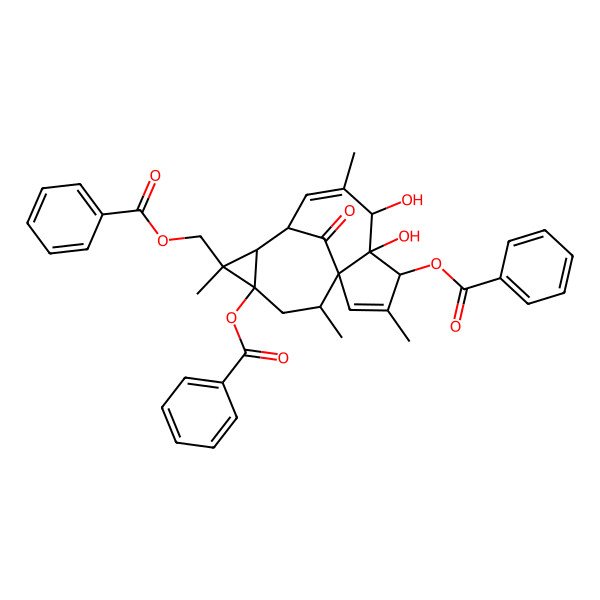 2D Structure of (4,12-Dibenzoyloxy-5,6-dihydroxy-3,7,11,14-tetramethyl-15-oxo-11-tetracyclo[7.5.1.01,5.010,12]pentadeca-2,7-dienyl)methyl benzoate