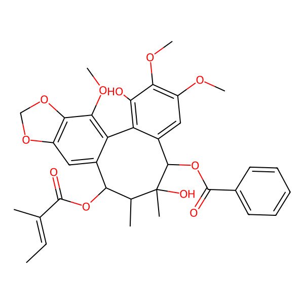 2D Structure of [3,9-Dihydroxy-4,5,19-trimethoxy-9,10-dimethyl-11-(2-methylbut-2-enoyloxy)-15,17-dioxatetracyclo[10.7.0.02,7.014,18]nonadeca-1(19),2,4,6,12,14(18)-hexaen-8-yl] benzoate