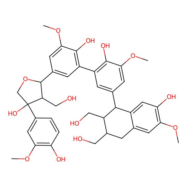 2D Structure of (3R,4R,5S)-5-[4-hydroxy-3-[2-hydroxy-5-[(1S,2R,3R)-7-hydroxy-2,3-bis(hydroxymethyl)-6-methoxy-1,2,3,4-tetrahydronaphthalen-1-yl]-3-methoxyphenyl]-5-methoxyphenyl]-3-(4-hydroxy-3-methoxyphenyl)-4-(hydroxymethyl)oxolan-3-ol