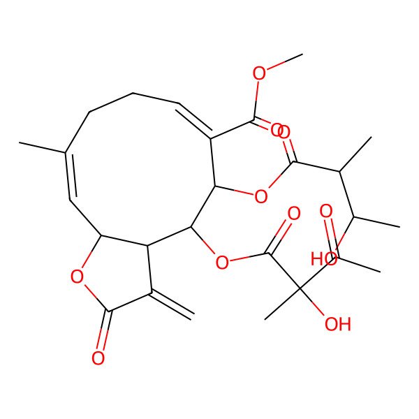 2D Structure of methyl (3aS,4S,5S,6E,10Z,11aR)-5-[(2R,3S)-3-hydroxy-2-methylbutanoyl]oxy-4-[(2S)-2-hydroxy-2-methyl-3-oxobutanoyl]oxy-10-methyl-3-methylidene-2-oxo-3a,4,5,8,9,11a-hexahydrocyclodeca[b]furan-6-carboxylate