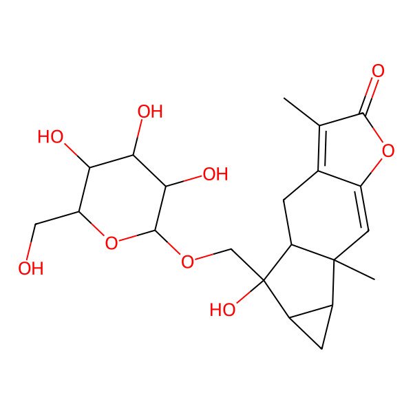 2D Structure of 13-Hydroxy-4,9-dimethyl-13-[[3,4,5-trihydroxy-6-(hydroxymethyl)oxan-2-yl]oxymethyl]-6-oxatetracyclo[7.4.0.03,7.010,12]trideca-3,7-dien-5-one