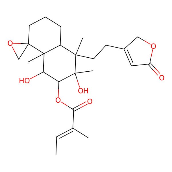 2D Structure of [(1R,2S,3R,4R,4aR,8R,8aS)-1,3-dihydroxy-3,4,8a-trimethyl-4-[2-(5-oxo-2H-furan-3-yl)ethyl]spiro[1,2,4a,5,6,7-hexahydronaphthalene-8,2'-oxirane]-2-yl] (E)-2-methylbut-2-enoate