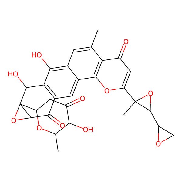 2D Structure of (4S,5S,7R)-2,4-dihydroxy-5-[(2S,5S,6S)-5-hydroxy-6-methyl-4-oxooxan-2-yl]-18-methyl-14-[(2R,3S)-2-methyl-3-[(2S)-oxiran-2-yl]oxiran-2-yl]-6,13-dioxapentacyclo[9.8.0.03,9.05,7.012,17]nonadeca-1,3(9),10,12(17),14,18-hexaene-8,16-dione
