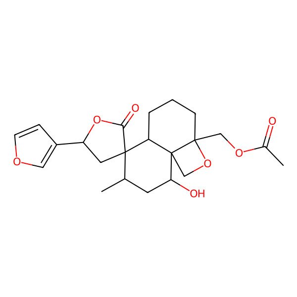 2D Structure of [5'-(Furan-3-yl)-9-hydroxy-7-methyl-2'-oxospiro[1,3,4,5,5a,7,8,9-octahydronaphtho[1,8a-b]oxete-6,3'-oxolane]-2a-yl]methyl acetate