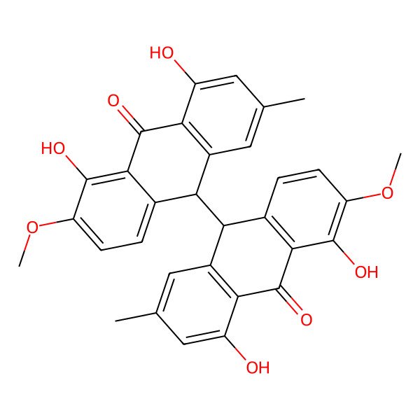 2D Structure of 10-(4,5-dihydroxy-6-methoxy-2-methyl-10-oxo-9H-anthracen-9-yl)-1,8-dihydroxy-2-methoxy-6-methyl-10H-anthracen-9-one 2D Structure of 10-(4,5-dihydroxy-6-methoxy-2-methyl-10-oxo-9H-anthracen-9-yl)-1,8-dihydroxy-2-methoxy-6-methyl-10H-anthracen-9-one