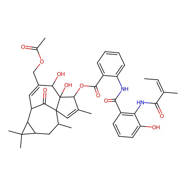 2D Structure of [(1S,4S,5S,6R,9S,10R,12R,14R)-7-(acetyloxymethyl)-5,6-dihydroxy-3,11,11,14-tetramethyl-15-oxo-4-tetracyclo[7.5.1.01,5.010,12]pentadeca-2,7-dienyl] 2-[[3-hydroxy-2-[[(E)-2-methylbut-2-enoyl]amino]benzoyl]amino]benzoate