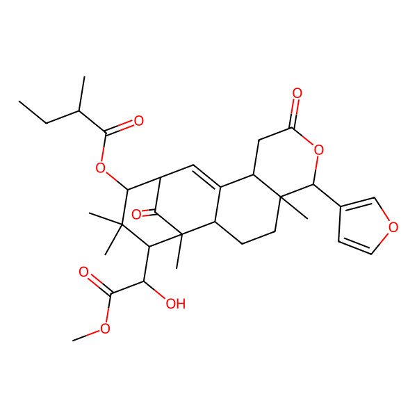2D Structure of [(1R,2S,5R,6R,10S,13S,14R,16S)-6-(furan-3-yl)-16-[(1R)-1-hydroxy-2-methoxy-2-oxoethyl]-1,5,15,15-tetramethyl-8,17-dioxo-7-oxatetracyclo[11.3.1.02,11.05,10]heptadec-11-en-14-yl] (2R)-2-methylbutanoate