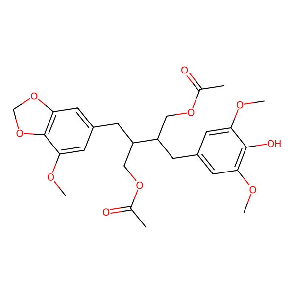 2D Structure of [3-(Acetyloxymethyl)-4-(4-hydroxy-3,5-dimethoxyphenyl)-2-[(7-methoxy-1,3-benzodioxol-5-yl)methyl]butyl] acetate