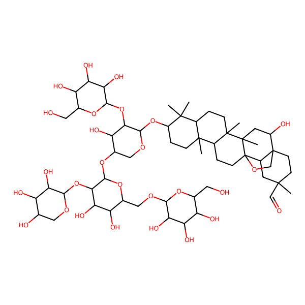 2D Structure of (1S,2S,4S,5S,8R,10S,13R,14S,17S,18S,20R)-10-[(2S,3R,4R,5R)-5-[(2R,3S,4S,5S,6R)-4,5-dihydroxy-6-[[(2R,3R,4S,5S,6R)-3,4,5-trihydroxy-6-(hydroxymethyl)oxan-2-yl]oxymethyl]-3-[(2S,3S,4S,5S)-3,4,5-trihydroxyoxan-2-yl]oxyoxan-2-yl]oxy-4-hydroxy-3-[(2R,3S,4R,5S,6S)-3,4,5-trihydroxy-6-(hydroxymethyl)oxan-2-yl]oxyoxan-2-yl]oxy-2-hydroxy-4,5,9,9,13,20-hexamethyl-24-oxahexacyclo[15.5.2.01,18.04,17.05,14.08,13]tetracosane-20-carbaldehyde