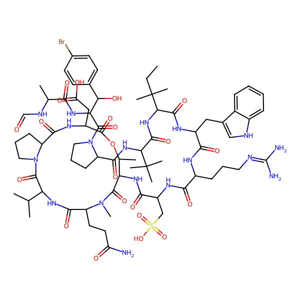 2D Structure of 2-[(3R,6S,9S,10R,13R,16S)-6-(3-amino-3-oxopropyl)-9-[[(2S)-2-[[(2S)-2-[[(2R)-2-[[(2S)-2-[[(2R)-2-[[(2S)-1-[(2R,3R)-3-(4-bromophenyl)-2-[[(2R)-2-formamidopropanoyl]amino]-3-hydroxypropanoyl]pyrrolidine-2-carbonyl]amino]-3,3-dimethylbutanoyl]amino]-3,3-dimethylpentanoyl]amino]-3-(1H-indol-3-yl)propanoyl]amino]-5-(diaminomethylideneamino)pentanoyl]amino]-3-sulfopropanoyl]amino]-7,10-dimethyl-2,5,8,12,15-pentaoxo-3-propan-2-yl-11-oxa-1,4,7,14-tetrazabicyclo[14.3.0]nonadecan-13-yl]acetic acid