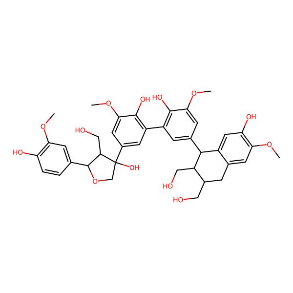 2D Structure of (3R,4R)-3-[4-hydroxy-3-[2-hydroxy-5-[(1S,2R,3R)-7-hydroxy-2,3-bis(hydroxymethyl)-6-methoxy-1,2,3,4-tetrahydronaphthalen-1-yl]-3-methoxyphenyl]-5-methoxyphenyl]-5-(4-hydroxy-3-methoxyphenyl)-4-(hydroxymethyl)oxolan-3-ol