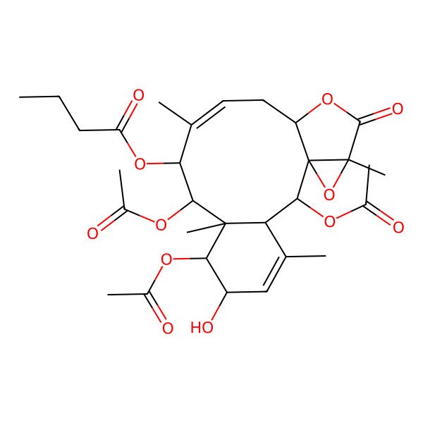 2D Structure of [(1R,2S,3S,6R,7S,8R,9S,10R,11Z,14S,17S)-2,7,9-triacetyloxy-6-hydroxy-4,8,11,17-tetramethyl-16-oxo-15,18-dioxatetracyclo[12.4.0.01,17.03,8]octadeca-4,11-dien-10-yl] butanoate
