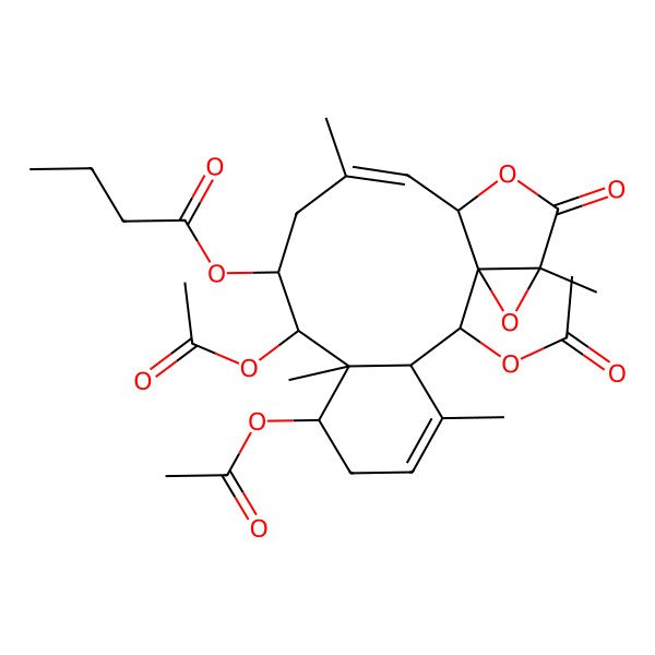 2D Structure of [(1S,2S,3S,7S,8R,9R,10S,12Z,14S,17R)-2,7,9-triacetyloxy-4,8,12,17-tetramethyl-16-oxo-15,18-dioxatetracyclo[12.4.0.01,17.03,8]octadeca-4,12-dien-10-yl] butanoate