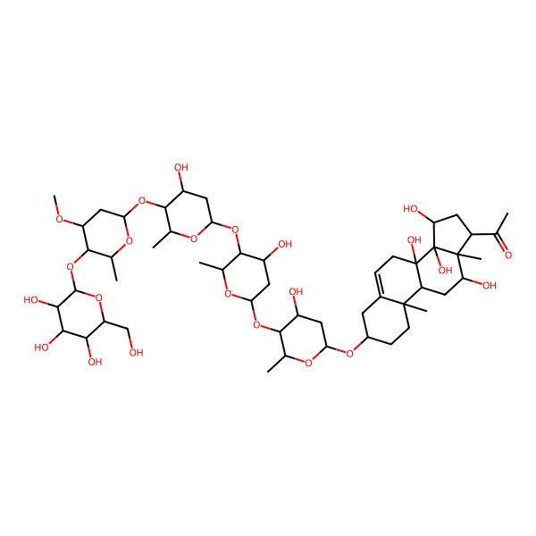 2D Structure of 1-[8,12,14,15-tetrahydroxy-3-[4-hydroxy-5-[4-hydroxy-5-[4-hydroxy-5-[4-methoxy-6-methyl-5-[3,4,5-trihydroxy-6-(hydroxymethyl)oxan-2-yl]oxyoxan-2-yl]oxy-6-methyloxan-2-yl]oxy-6-methyloxan-2-yl]oxy-6-methyloxan-2-yl]oxy-10,13-dimethyl-2,3,4,7,9,11,12,15,16,17-decahydro-1H-cyclopenta[a]phenanthren-17-yl]ethanone